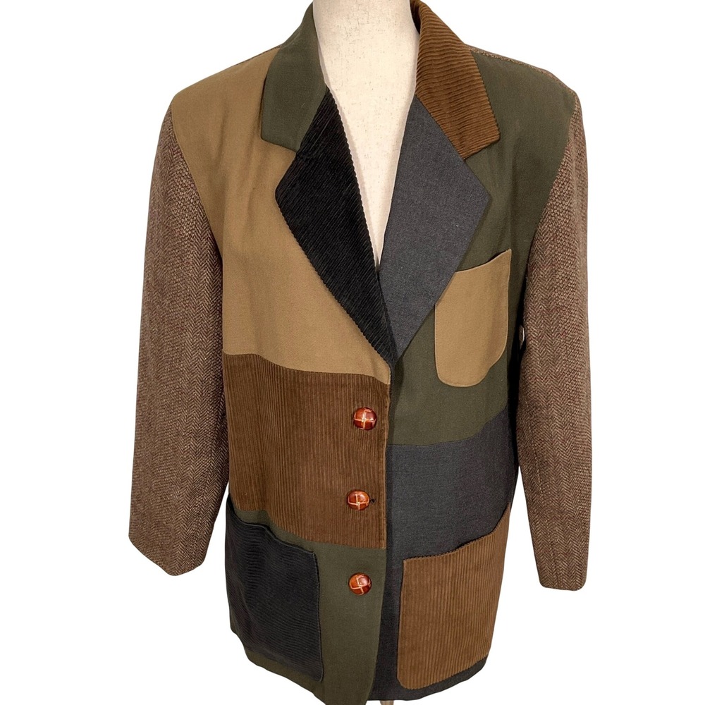 Harve Benard Blazer Womens 10 Brown Olive Patchwork Herringbone Corduroy‎ Jacket